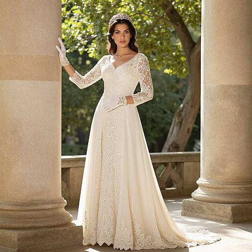 Photograph of a beautiful brunette bride in a white lace gown with long sleeves, standing between stone columns, sunlight filtering through trees in the background.