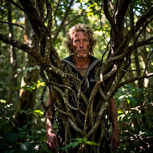 Photograph of a rugged, middle-aged man with messy blond hair and beard, wearing a black sleeveless shirt, standing behind a tangled tree in a