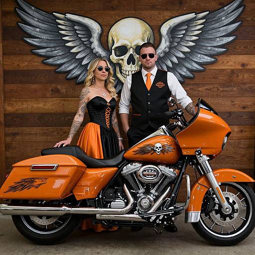 Photograph of tattooed blonde woman in orange dress and sunglasses, and sunglasses-wearing man in vest beside orange Harley with skull-wing mural background.
