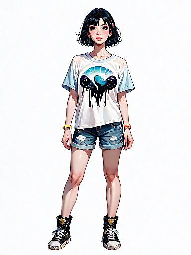 Casual Chic Young Woman in Graphic T-Shirt and Shorts