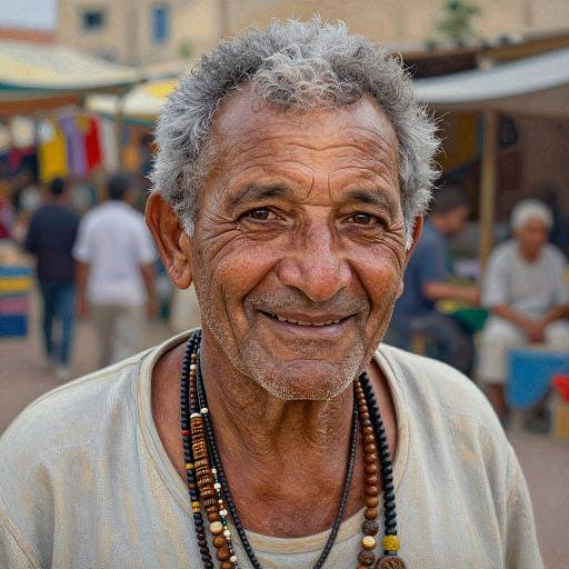 Photograph of an elderly man with curly gray hair, smiling, wearing a white shirt and beaded necklace, in a bustling outdoor market.