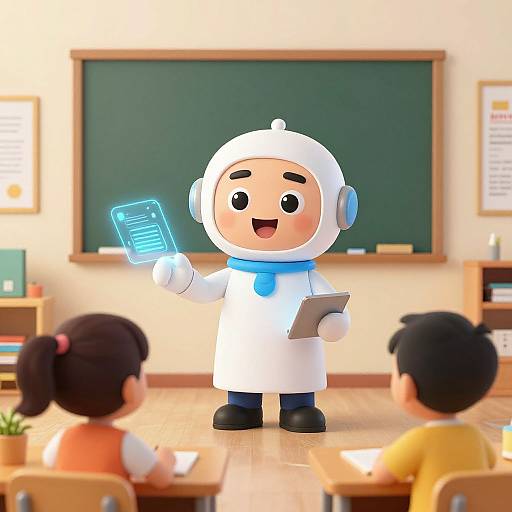 Digital illustration of a cute, chibi-style robot teacher with white outfit, blue scarf, and glowing tablet, teaching in a bright classroom with two students