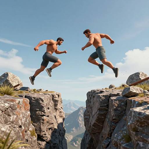 Two muscular, shirtless men in shorts jump between rocky mountain cliffs under a clear blue sky, highlighting their athletic builds and determination.