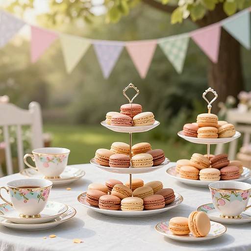 Photograph of a sunny outdoor tea party with three tiered macaron stands, floral teacups, colorful bunting, and a garden backdrop.