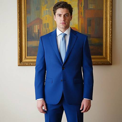 Photograph of a young man with short brown hair, wearing a blue suit, white shirt, and blue tie, standing in front of an ornate