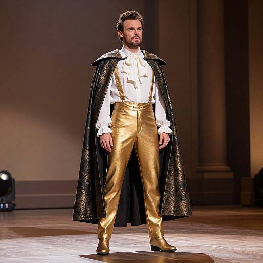Photograph of a man in a white shirt, golden pants, black ornate cape, and gold shoes, standing confidently on a dimly lit stage