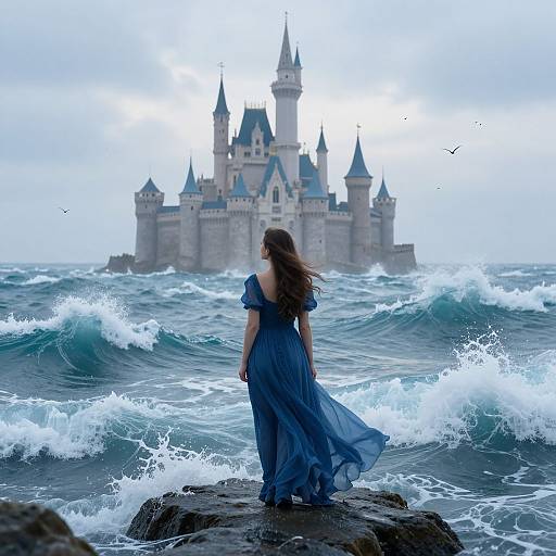 Photograph of a woman in a flowing blue dress standing on a rock, gazing at a distant, castle-topped island amidst turbulent waves.