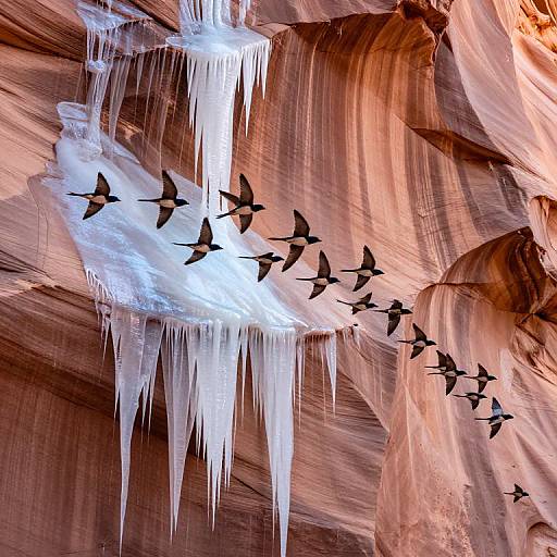 Photograph of a red rock canyon with large icicles, illuminated by light, with a flock of black birds flying in formation.