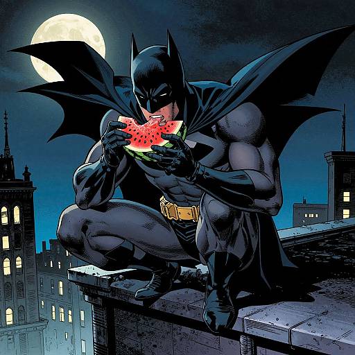 Digital comic art: Muscular Batman with black cape and cowl, crouching on rooftop, eating watermelon under full moon, city buildings in