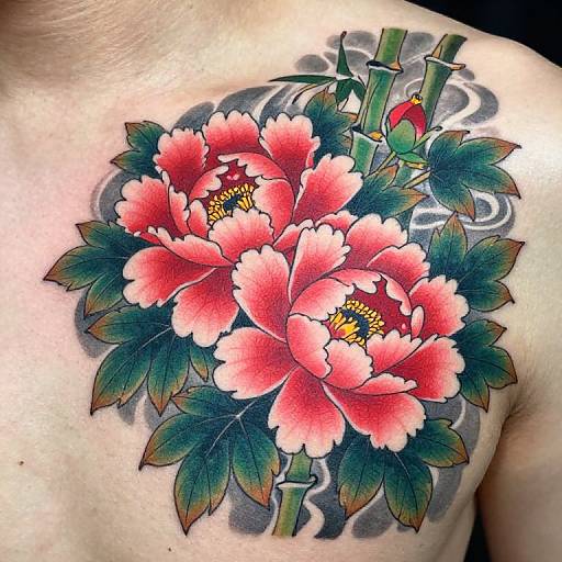 Tattoo of vibrant red peonies with green leaves, yellow centers, and a small red bird on bamboo, on a light-skinned chest