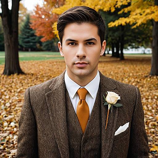 Young Man in Brown Tweed Suit Outdoors in Autumn