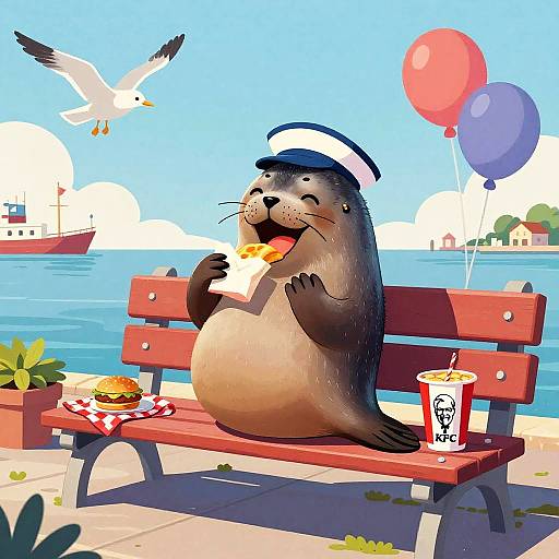 Cheerful Seal Enjoying Seaside KFC Feast