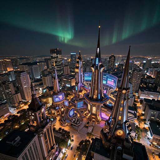 Photograph of a futuristic cityscape at night, featuring neon-lit skyscrapers with spires, vibrant aurora borealis in the sky,