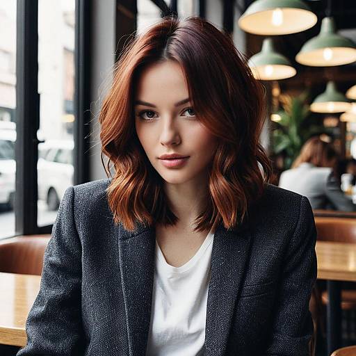 Woman with Mahogany Hairstyle in Urban Cafe