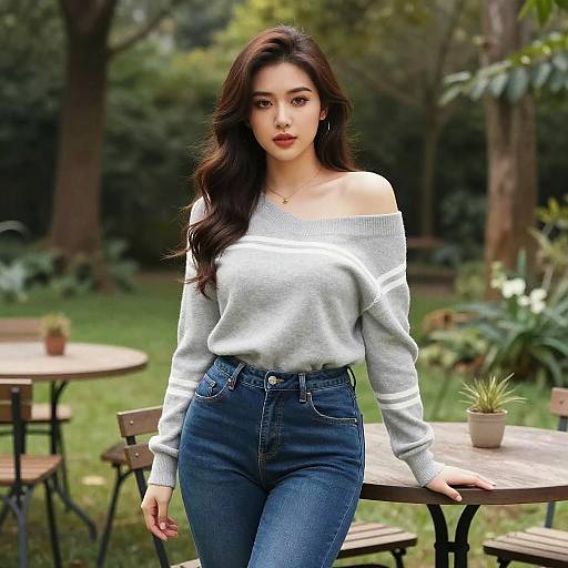 Woman in Off-Shoulder Sweater and Skinny Jeans Outdoors