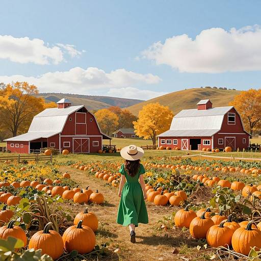 Photograph of a woman in a green dress and straw hat walking through a vibrant pumpkin field towards red barns under a bright blue sky with fluffy clouds