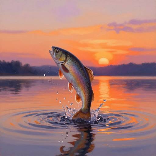 Photograph of a rainbow trout leaping from calm water at sunset, with vibrant orange, pink, and purple sky reflecting on the water's surface.