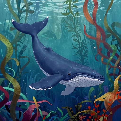 Digital illustration of a blue humpback whale swimming through a vibrant underwater coral reef with colorful sea plants and fish.