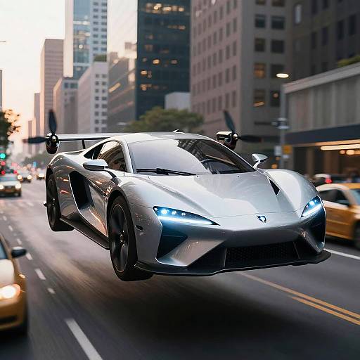 Futuristic Silver Flying Car Above City