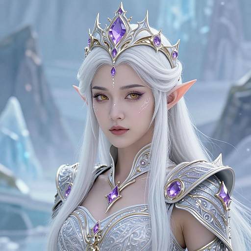 Digital artwork of a fair-skinned, white-haired elf queen with golden eyes, wearing an ornate silver and purple gem-encrusted crown and