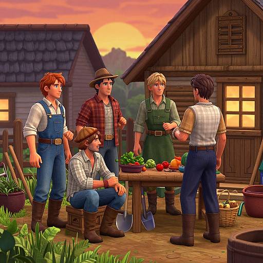 Digital painting of five farmers in overalls, hats, and plaid shirts discussing vegetables around a wooden table at sunset in a rustic village.