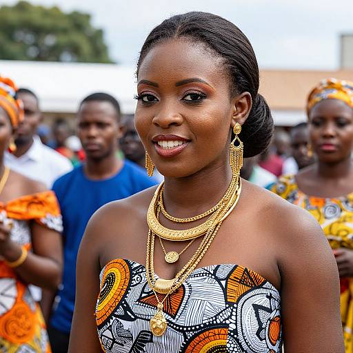 Photograph of an African woman with dark skin, wearing a colorful patterned dress, gold jewelry, and orange headband, smiling confidently in a crowd