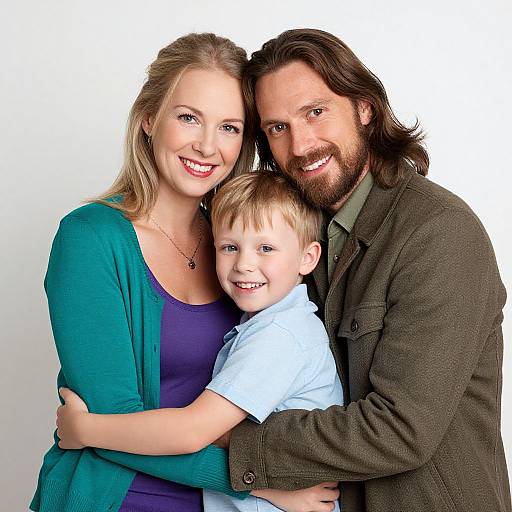 Photograph of a smiling blonde woman in a teal cardigan, bearded man in a brown jacket, and young blond boy in a blue shirt,