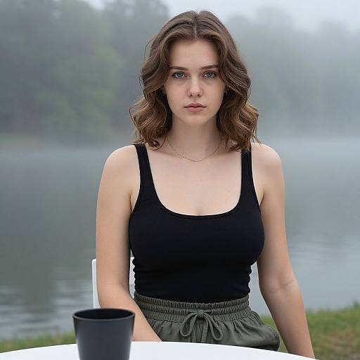 Photograph of a young woman with wavy brown hair, wearing a black tank top and olive green pants, sitting by a misty lake, looking