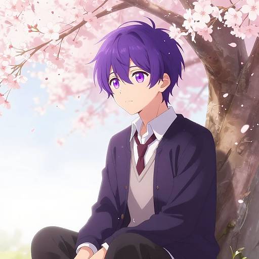 Anime-style digital drawing of a young man with purple hair and purple eyes, wearing a black suit and white shirt, sitting under blooming cherry blossoms