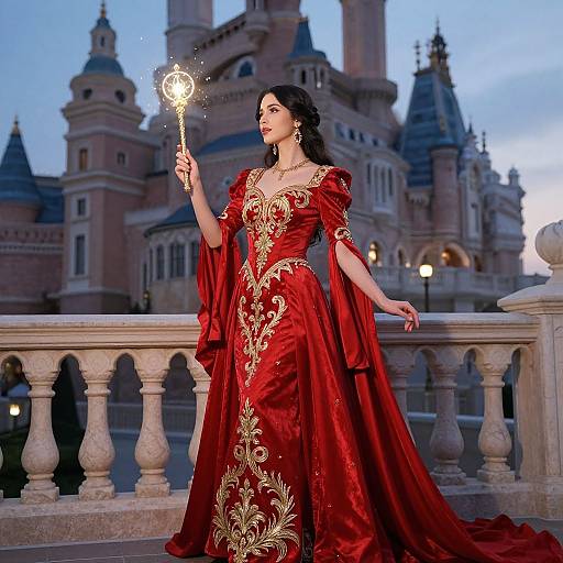 Photograph of a fair-skinned woman with dark hair in an ornate red and gold ball gown, holding a glowing wand, standing on a castle