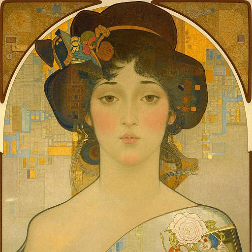 Art Nouveau Portrait of a Woman with Geometric Background