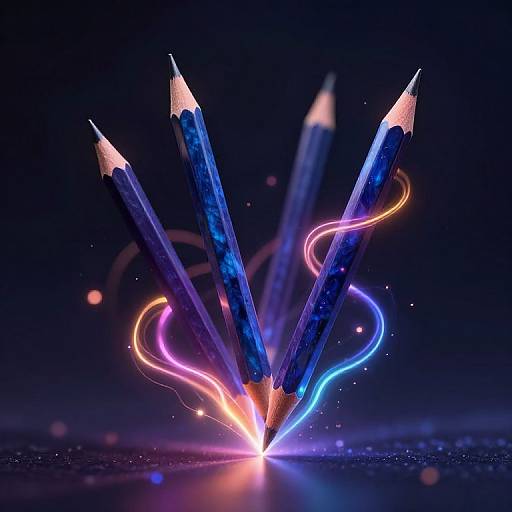 Photograph of six vividly colored, glowing graphite pencils with neon blue, purple, and orange lights swirling around them, fanned out against a dark