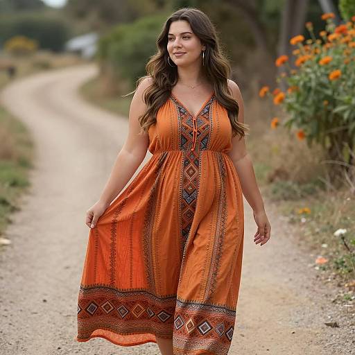 Plus Size Woman in Boho Orange Dress on Dirt Path