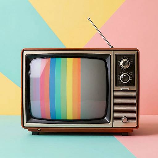 Photograph of a vintage-style television with rainbow colors on screen, set against a pastel geometric background with yellow, blue, and pink triangles. Retro