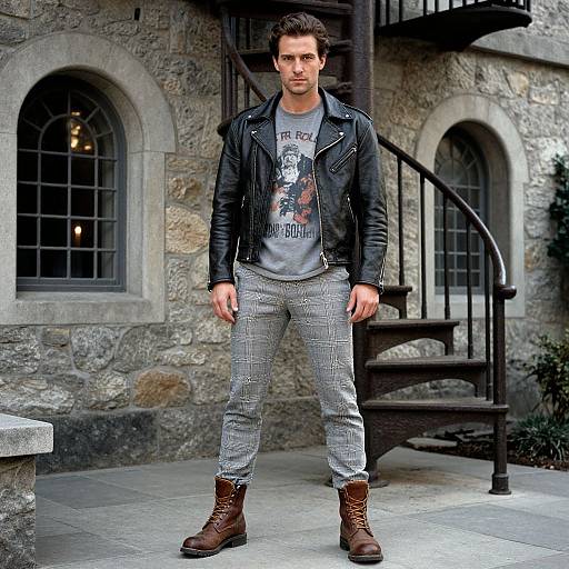 Photograph of a handsome man with short brown hair, wearing a black leather jacket, gray graphic tee, checkered pants, and brown boots, standing