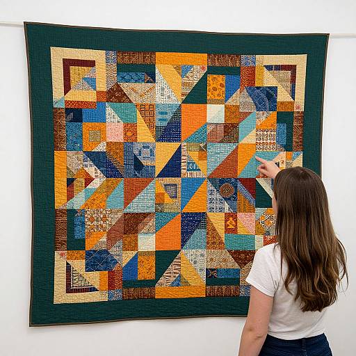 Woman Viewing Vibrant Geometric Quilt