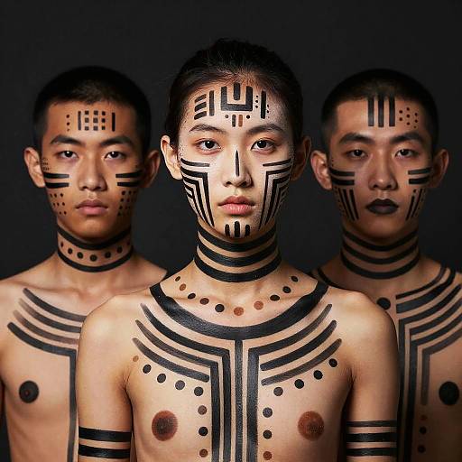 Photograph of three Asian men with black tribal face and body paint, standing against a dark background, showcasing symmetrical patterns.
