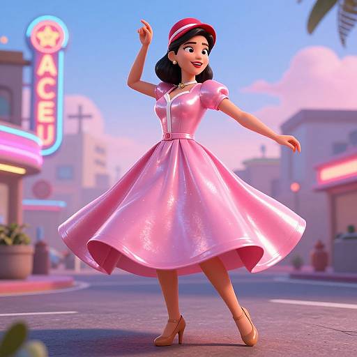Digital illustration of a cheerful, dark-haired woman in a pink, shiny, 1950s-style dress and hat, dancing on a sunny street with