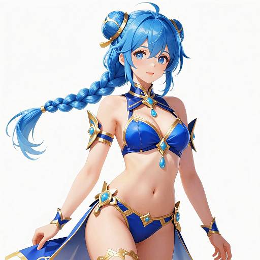 Digital anime-style illustration of a blue-haired girl with twin buns, wearing a blue and gold bikini with gem accents, standing confidently against a white background