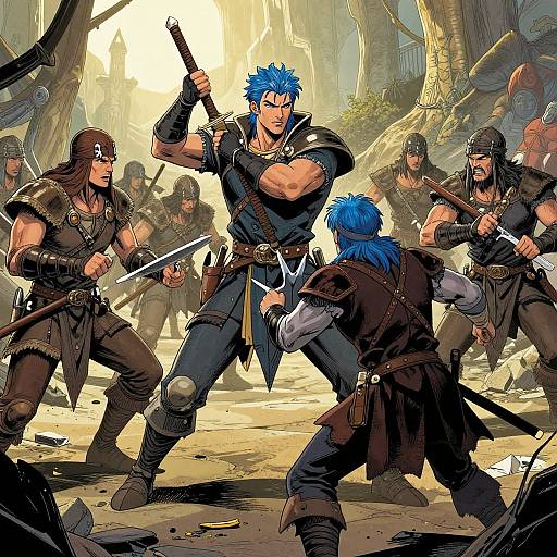 Digital comic-style artwork: Muscular blue-haired warrior at center, surrounded by armed, armored enemies in forest clearing, ready for battle. Bright sunlight filters