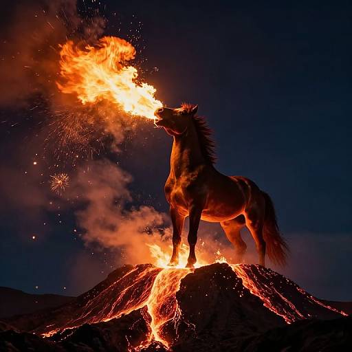 Photograph of a mythical horse standing on a volcano, breathing fire into the night sky, surrounded by glowing lava and sparks.