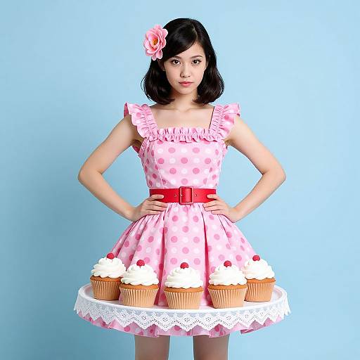 Asian woman in pink polka dot dress with red belt, black hair, flower hairpin, standing against blue background, hands on hips, cupcake