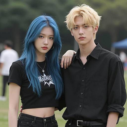 Young Couple with Blue and Blonde Hair Outdoors