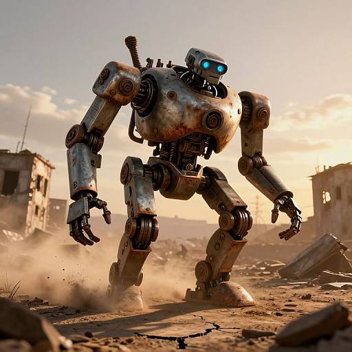 Photorealistic CGI of a rusty, blue-eyed, metal robot with jointed limbs, standing in a dusty, ruined urban landscape at sunset.