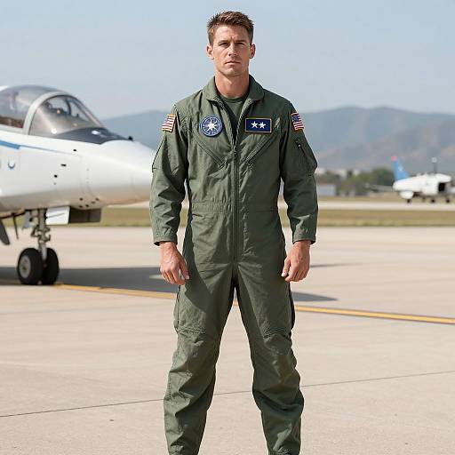 Photograph of a muscular, handsome male pilot in a green flight suit standing on an airstrip, with a small white jet in the background and mountains