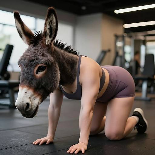 Photorealistic CGI of a muscular woman with an asinine face in purple sports bra and shorts, crawling in a modern gym.
