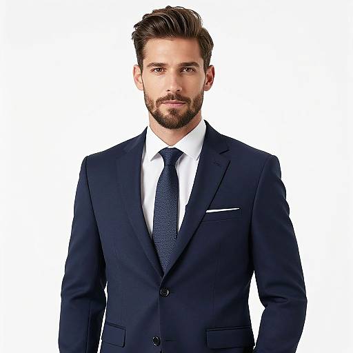 Photograph of a handsome, bearded man with dark brown hair, wearing a navy suit, white shirt, and dark blue tie, against a white