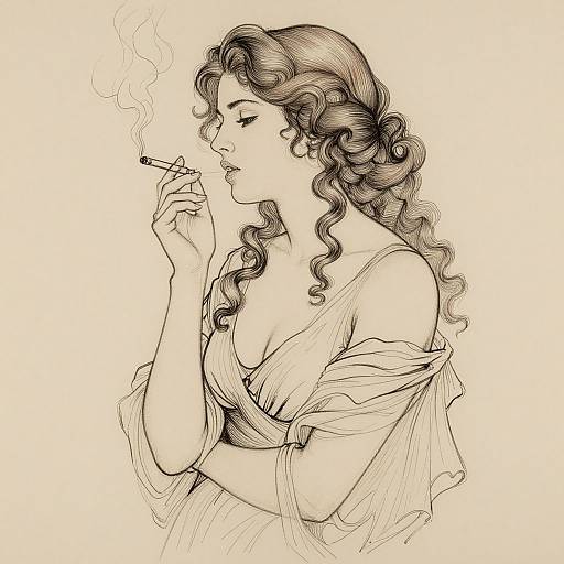 Detailed black-and-white ink drawing of a curly-haired woman with a seductive expression, smoking a cigarette, wearing a loose, off-shoulder dress