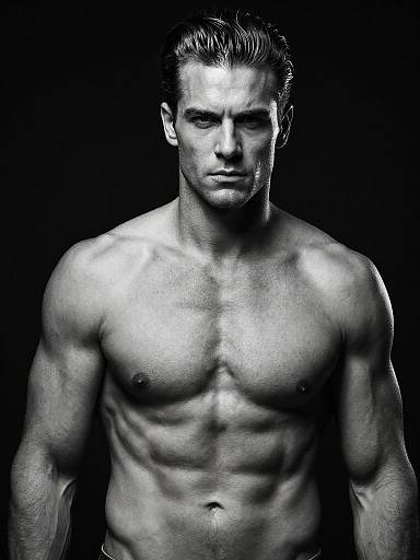 Black-and-white photograph of a muscular, shirtless man with defined abs and chest, short dark hair, serious expression, against a dark background.