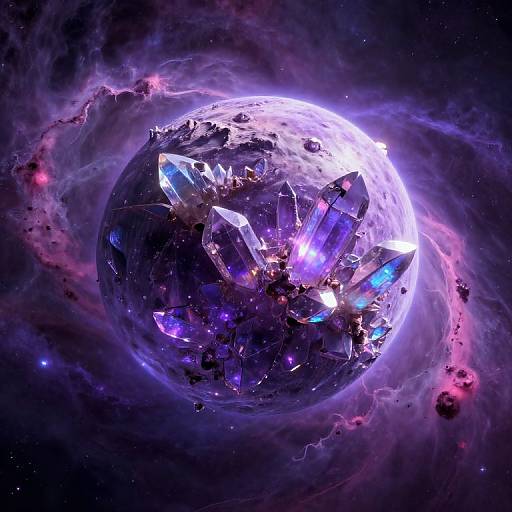 Digital artwork of a glowing, crystal-studded planet orbiting a luminous, purple and white sun amidst swirling nebulae in a starry,